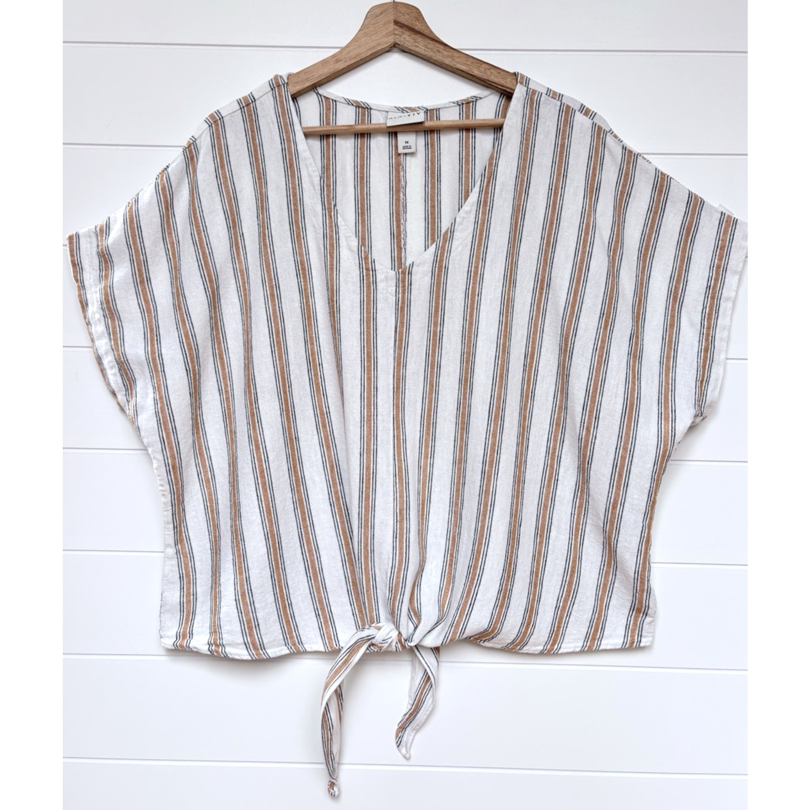 Ava And Viv Linen Blend Tie Front Boxy Relaxed Blouse Top Striped Plus Size 1x